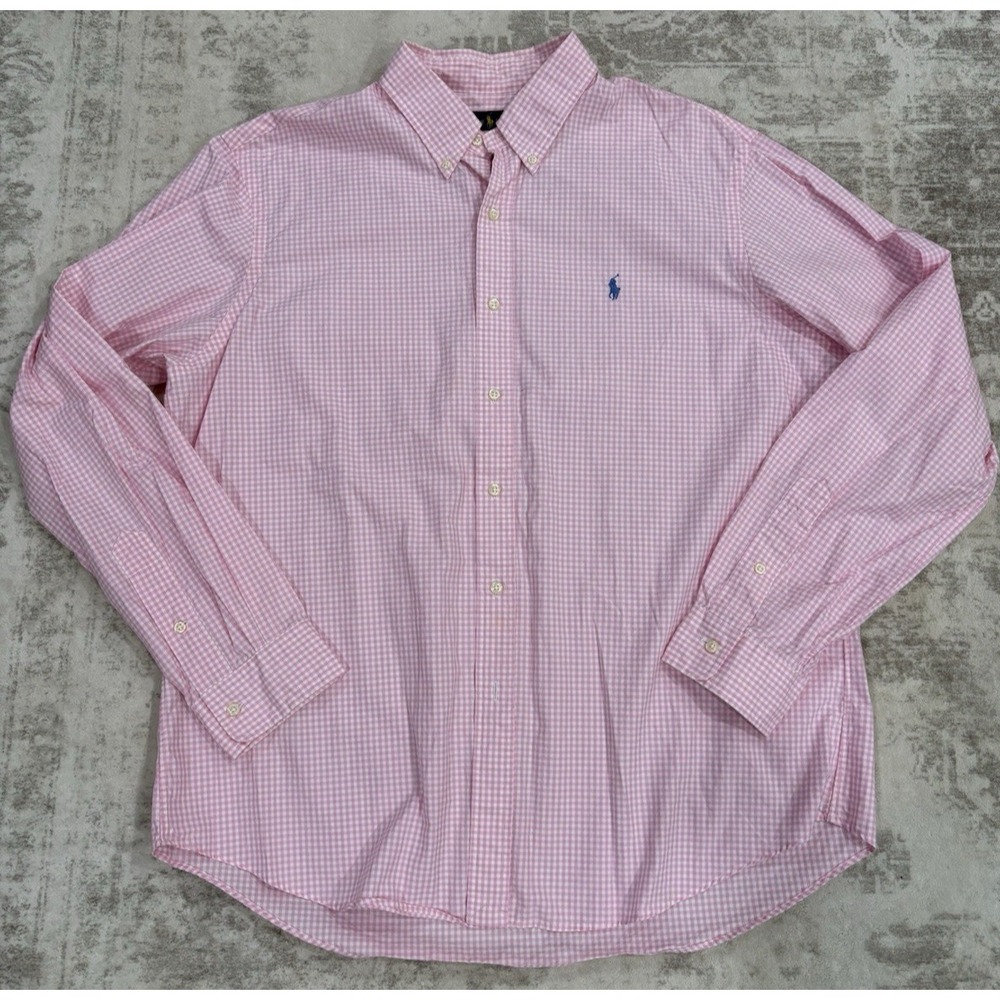 RALPH LAUREN Mens XL Button-Down Pink Plaid Cotton Shirt Preppy Old Money
